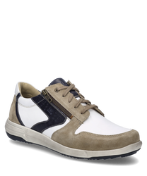 La chaussure basse en sable-multi se présente avec une combinaison de cuir lisse et de daim dans des tons sable complétée par une bande bleu foncé. Un détail marquant est le laçage qui assure un maintien sûr.
