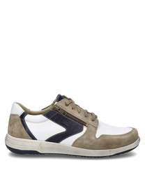 La chaussure basse en sable-multi se présente avec une combinaison de cuir lisse et de daim dans des tons sable complétée par une bande bleu foncé. Un détail marquant est le laçage qui assure un maintien sûr.
