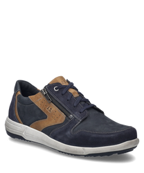 La scarpa in colore indigo-combinato è realizzata in un mix di materiali di alta qualità con lacci e ulteriori elementi decorativi. Caratteristiche speciali sono le cuciture decorative laterali e una discreta stampa del logo sul lato esterno.