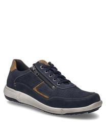 La scarpa mezza in combinazione indaco si presenta con una chiusura a lacci ed è realizzata in un materiale blu scuro con accenti beige. Caratteristiche speciali sono le cuciture decorative laterali e una cerniera per un comfort aggiuntivo.