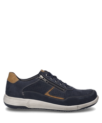 La scarpa mezza in combinazione indaco si presenta con una chiusura a lacci ed è realizzata in un materiale blu scuro con accenti beige. Caratteristiche speciali sono le cuciture decorative laterali e una cerniera per un comfort aggiuntivo.