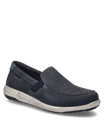 The indigo-colored slipper is made of a smooth material with an elastic rubber band for easy on and off. The shoe features a contrasting light sole and visible seams as decorative details.