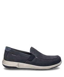 The indigo-colored slipper is made of a smooth material with an elastic rubber band for easy on and off. The shoe features a contrasting light sole and visible seams as decorative details.