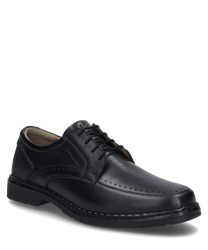 Der Halbschuh ist aus schwarzem Leder gefertigt und verfügt über eine klassische Schnürung. Das Design ist schlicht und elegant mit feinen Nähten die dem Schuh eine zeitlose Optik verleihen.