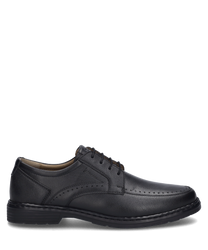Der Halbschuh ist aus schwarzem Leder gefertigt und verfügt über eine klassische Schnürung. Das Design ist schlicht und elegant mit feinen Nähten die dem Schuh eine zeitlose Optik verleihen.
