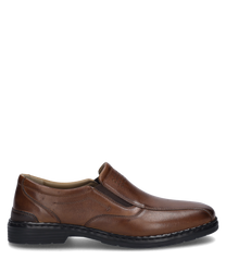 Der cognacfarbene Slipper besteht aus hochwertigem Leder und zeigt eine glatte glänzende Oberfläche. Der Schuh verfügt über einen praktischen Gummizug der das An- und Ausziehen erleichtert.