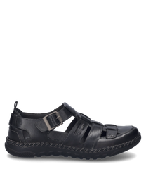 El zapato negro de cuero tiene un cierre de hebilla y una suela robusta. La costura trenzada en el borde y los detalles de corte le dan al zapato un aspecto especial.