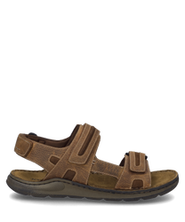 Sandale couleur cognac avec fermeture velcro en cuir robuste. La sandale a une semelle rembourrée pour un confort supplémentaire.