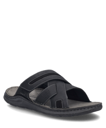 La sandalia negra cuenta con un cómodo cierre de velcro y está hecha de cuero de alta calidad. Se caracteriza por su diseño sencillo y su suela duradera.