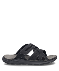 La sandalia negra cuenta con un cómodo cierre de velcro y está hecha de cuero de alta calidad. Se caracteriza por su diseño sencillo y su suela duradera.