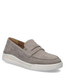 A gray slip-on shoe with elastic made from high-quality material. The shoe features a light sole and subtle stitching details that give it an elegant look.