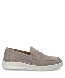 A gray slip-on shoe with elastic made from high-quality material. The shoe features a light sole and subtle stitching details that give it an elegant look.