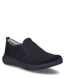 Black sneaker with elastic band made of breathable textile material. The shoe has a sleek silhouette and a sturdy lightly profiled sole.