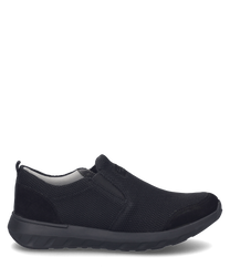 Black sneaker with elastic band made of breathable textile material. The shoe has a sleek silhouette and a sturdy lightly profiled sole.