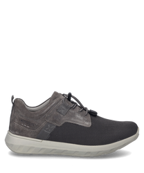 The sneaker in the color asphalt features a combination of smooth and textured materials with lacing as a closure. The sole is in a light shade providing a modern contrast to the darker upper material.