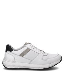 La sneaker è realizzata in una combinazione elegante di bianco e nero con un sistema di allacciatura per una vestibilità personalizzata. È realizzata in un materiale liscio con una zona del tallone nera a contrasto e una parte laterale strutturata che conf