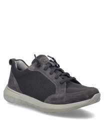 Der Sneaker in der Farbe Asphalt besticht durch sein atmungsaktives Mesh-Material mit Wildlederakzenten. Er verfügt über eine Schnürung und eine bequeme helle Gummisohle für optimalen Tragekomfort.