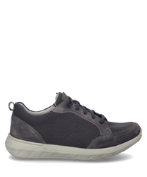 Der Sneaker in der Farbe Asphalt besticht durch sein atmungsaktives Mesh-Material mit Wildlederakzenten. Er verfügt über eine Schnürung und eine bequeme helle Gummisohle für optimalen Tragekomfort.