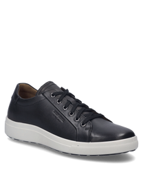 The black sneaker with laces is made of smooth leather and has a white rubber sole. Notable are the subtle decorative stitches and the side brand logo.