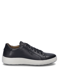 The black sneaker with laces is made of smooth leather and has a white rubber sole. Notable are the subtle decorative stitches and the side brand logo.
