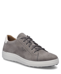 Sneaker w szaro-kombinacji prezentuje elegancką kombinację szarego materiału wierzchniego i jasnych akcentów na pięcie. But posiada klasyczne sznurowanie i białą podeszwę co nadaje nowoczesny wygląd.