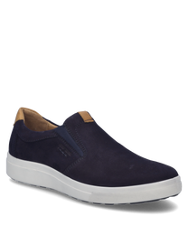 A dark blue sneaker with a white sole and a beige detail on the heel. The shoe features a practical elastic closure and is made of a smooth material.