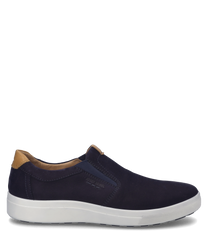 A dark blue sneaker with a white sole and a beige detail on the heel. The shoe features a practical elastic closure and is made of a smooth material.