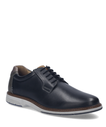 El zapato de media altura en negro-múltiple se presenta con un acabado de cuero liso y un sistema de cordones estable. Las características especiales son la zona del talón blanca en contraste y la suela robusta y bicolor que combinan comodidad y estilo.