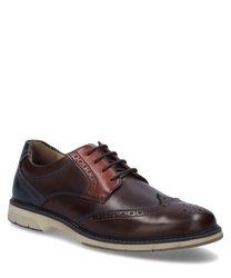 La chaussure basse dans la variante de couleur Castagne-Multi est fabriquée en cuir de haute qualité et dispose d'un laçage classique. Des caractéristiques particulières incluent les motifs de perforation décoratifs et la semelle contrastante.