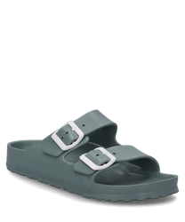 The depicted sandal is mint-colored and made of a smooth material. It features two white buckles as closures providing a secure fit.