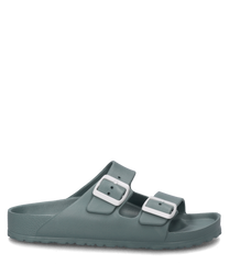The depicted sandal is mint-colored and made of a smooth material. It features two white buckles as closures providing a secure fit.