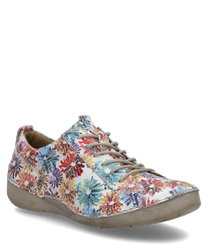 Der Halbschuh ist aus einem multicolor Material mit floralen Mustern gefertigt und besitzt eine Schnürung als Verschluss. Die Außenseite zeigt ein lebhaftes Design mit verschiedenen Farben wie Rot Blau und Gelb.