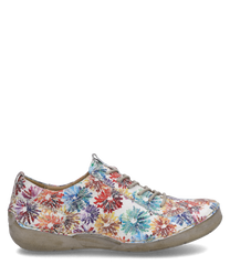 Der Halbschuh ist aus einem multicolor Material mit floralen Mustern gefertigt und besitzt eine Schnürung als Verschluss. Die Außenseite zeigt ein lebhaftes Design mit verschiedenen Farben wie Rot Blau und Gelb.