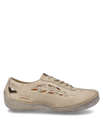 El zapato semiabierto beige de cuero cuenta con un sistema de cordones y patrones recortados en los laterales. El zapato ofrece un ajuste cómodo y una discreta marca en el exterior.