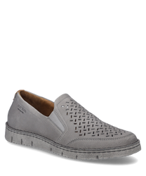 The light gray leather slip-on features a practical elastic band closure and a perforated pattern on the upper for added breathability. The sole is designed in a contrasting gray tone and offers a comfortable fit.