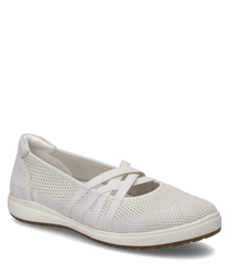 Zapato de bailarina blanco con cierre de goma fabricado en material de malla ligero. El zapato combina comodidad con un diseño elegante ideal para el uso diario.