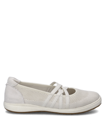 Zapato de bailarina blanco con cierre de goma fabricado en material de malla ligero. El zapato combina comodidad con un diseño elegante ideal para el uso diario.