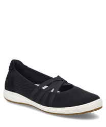 Schwarze Ballerina mit Gummizug aus atmungsaktivem Material gefertigt. Der Schuh hat eine weiße Sohle und ein schlichtes modernes Design.