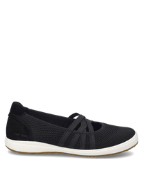 Schwarze Ballerina mit Gummizug aus atmungsaktivem Material gefertigt. Der Schuh hat eine weiße Sohle und ein schlichtes modernes Design.