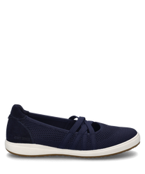 Indigo-farbene Ballerina-Schuhe mit Gummizugverschluss gefertigt aus einem atmungsaktiven Netzmaterial. Die Schuhe haben eine weiße Sohle und bieten einen komfortablen und flexiblen Sitz.