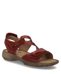 Sandalo rosso con chiusura in velcro e suola comoda. Il sandalo è realizzato in pelle e presenta cuciture a contrasto per un look elegante.