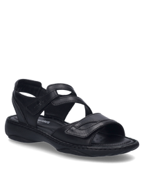 La sandalia negra mostrada en la imagen cuenta con un práctico cierre de velcro y está hecha de material de alta calidad. Se caracteriza por su diseño elegante y su ajuste cómodo.