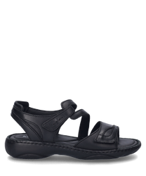 La sandalia negra mostrada en la imagen cuenta con un práctico cierre de velcro y está hecha de material de alta calidad. Se caracteriza por su diseño elegante y su ajuste cómodo.