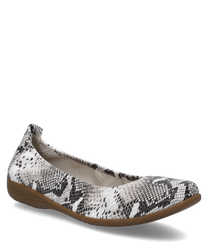 La scarpa ballerina bianco-nera ha un vistoso motivo in pelle di serpente ed è realizzata in un materiale morbido e flessibile. È dotata di un elastico che garantisce una vestibilità confortevole.