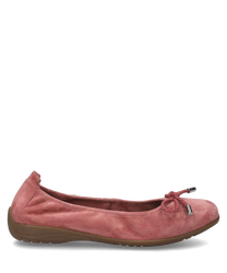 Rosa Ballerina-Schuhe mit Gummizugverschluss aus weichem Material gefertigt. Die Schuhe haben eine flache Sohle und ein schlichtes elegantes Design.