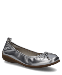 Silver ballerina flats with a glossy finish and elastic closure. The shoe features a decorative bow and has a brown flat sole.