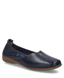 Ballerine in pelle color indaco con design perforato e chiusura con elastico. Le scarpe hanno una suola marrone e offrono un aspetto elegante e confortevole.
