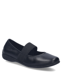 Black ballerina flats with elastic rubber closure made of smooth leather. The shoe has a simple and elegant appearance ideal for everyday wear.