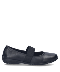 Black ballerina flats with elastic rubber closure made of smooth leather. The shoe has a simple and elegant appearance ideal for everyday wear.