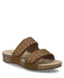 Sandalo marrone con due ampie chiusure in velcro nel colore Castagne-Kombi in pelle con motivi decorativi a perforazione. La suola è leggermente rialzata e ha un aspetto maculato che aggiunge ulteriore stile.